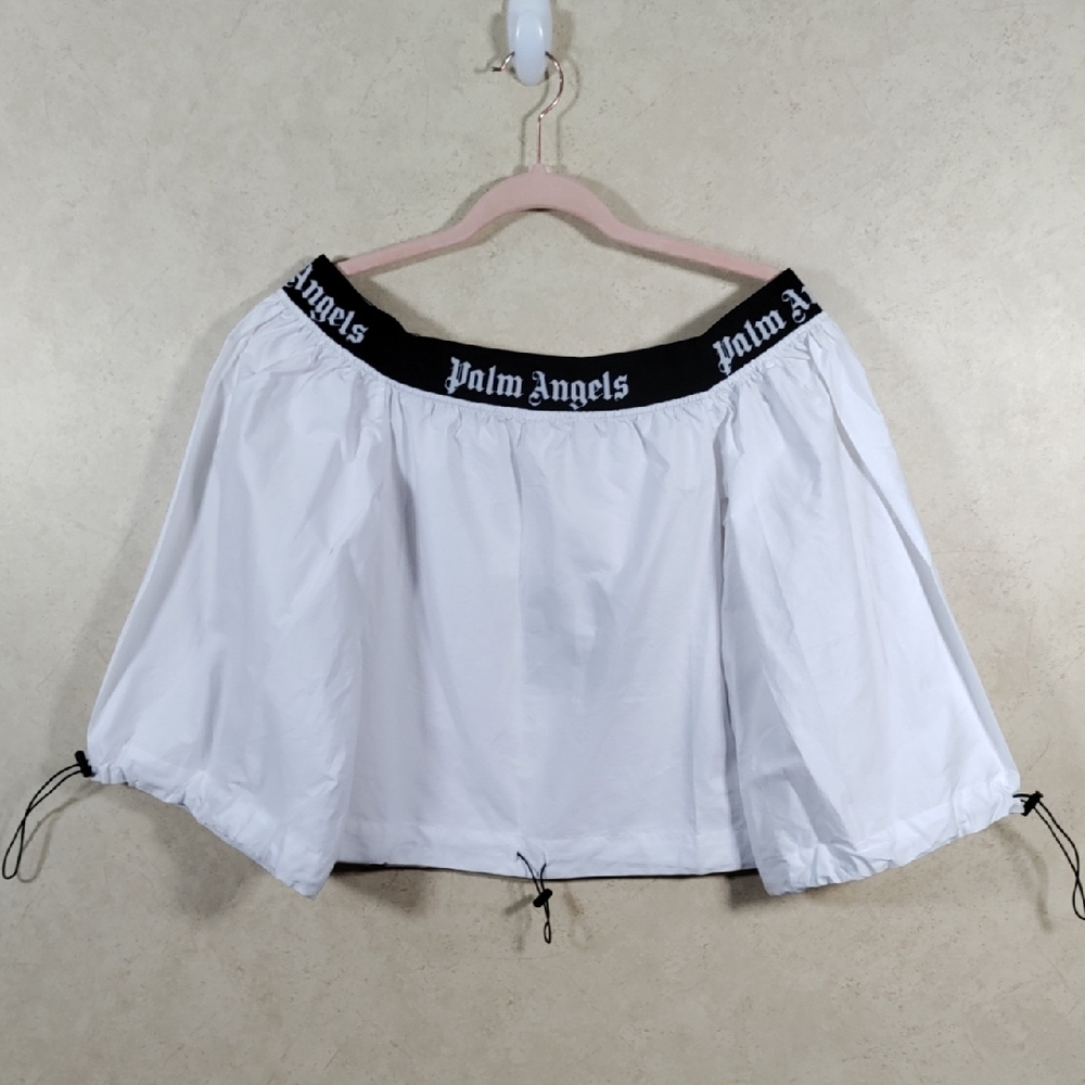 Palm Angels White Off-Shoulder Crop Top with Black Logo Band